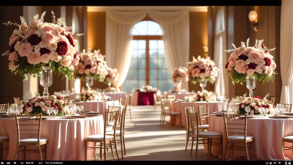 Ballroom tablescape detail with floral centerpiece and gold chiavari chairs