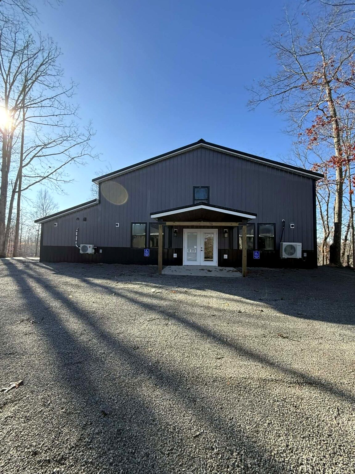 Front of the events center building in morning light