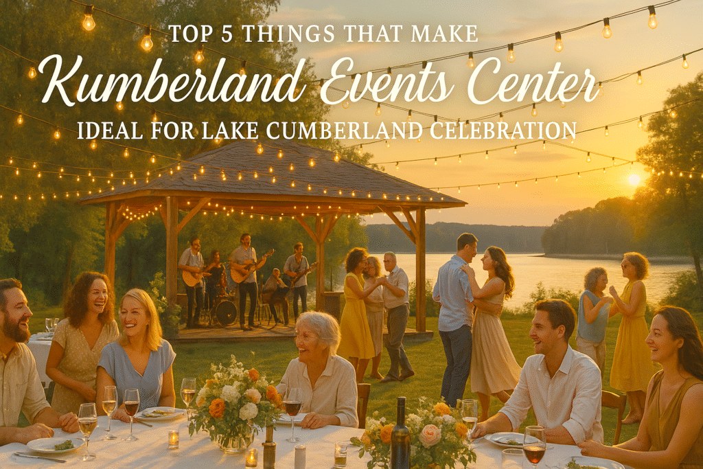 Concept rendering of a lakeside wedding reception under string lights at sunset