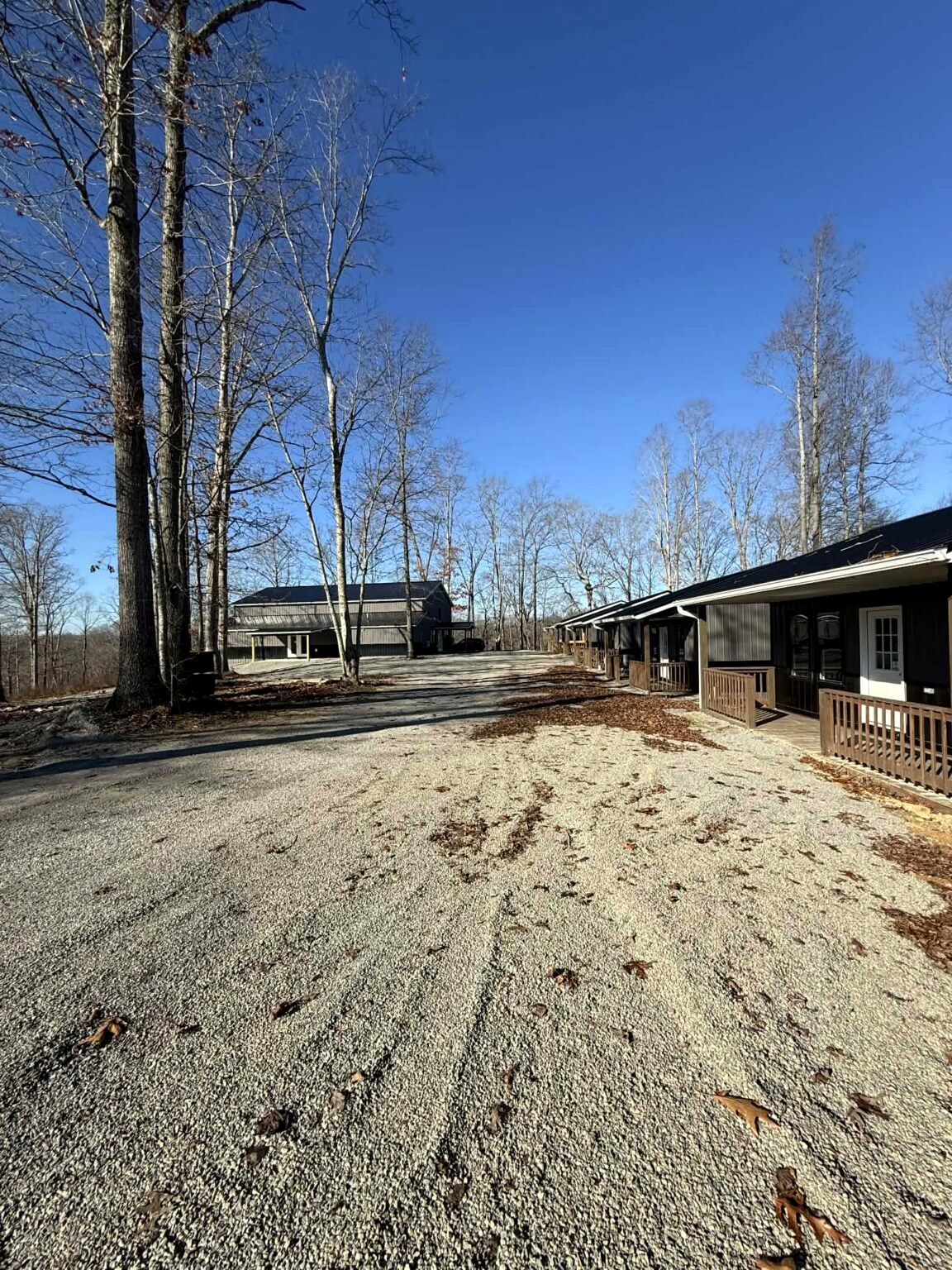 Lodge row of cabins along gravel drive