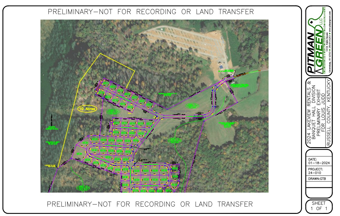 Preliminary site plan from Pitman Green Engineering showing the 10-acre venue tract with lot and road layout
